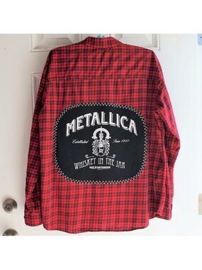 Upcycled Metallica Red Plaid Shirt Jacket with Back Graphic